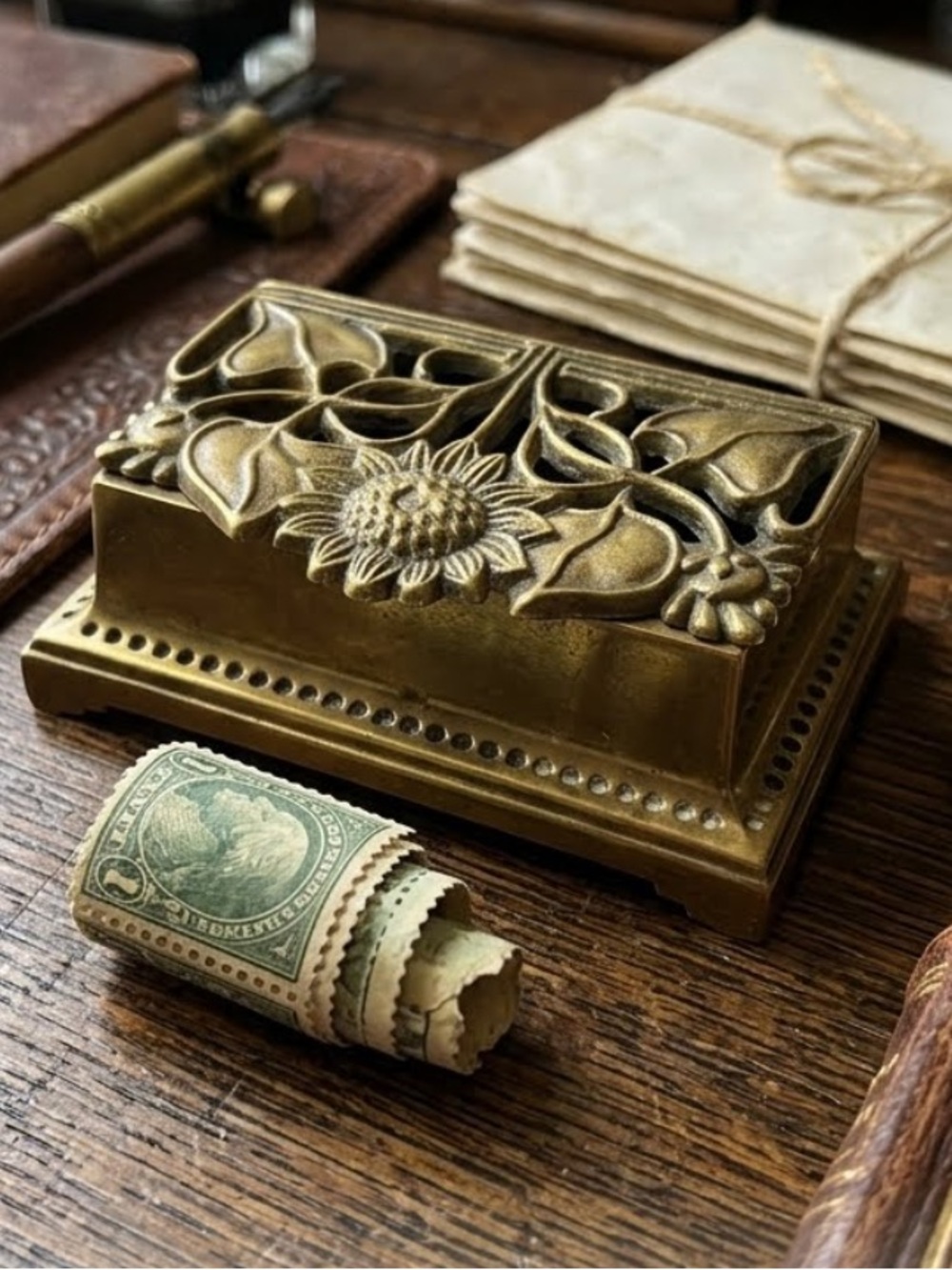 Vintage brass desk accessory
Art Nouveau double-roll postage stamp holder